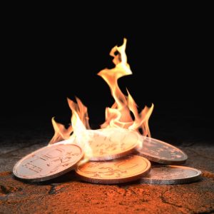 Russian Ruble coins burning on black background. Concept loss of value and inflation due to war and crisis. 3d render