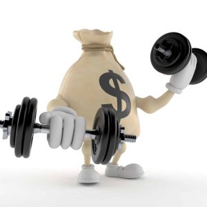 Dollar money bag character with dumbbells isolated on white background. 3d illustration